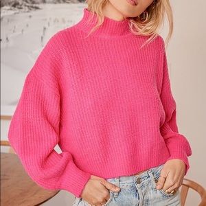 NWOT Bright and Cheery Hot Pink Knit Mock Neck Balloon Sleeve Sweater